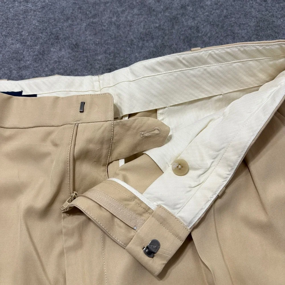 Vintage Polo Ralph Lauren Dress Pants Mens 38x30 Tan Silk Pleated Cuff Trousers